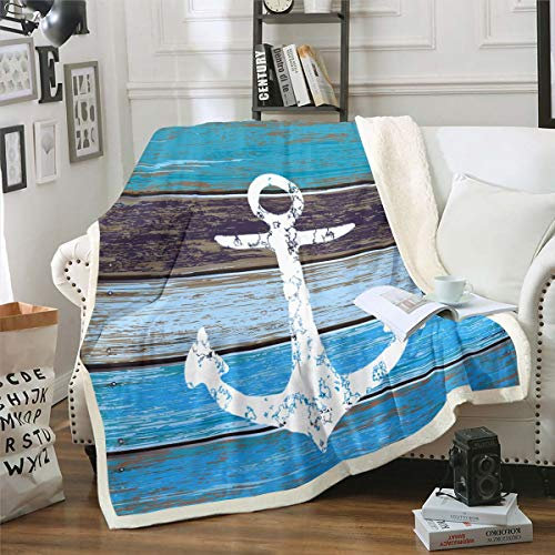 Tbrand Anker Decke 150x200cm Nautisches Thema Wohndecke Vintage Timeworn Verwitterte Holzbretter Rustikales Kuscheldecke Luxus Flanell Fleecedecke für Couch,Blau