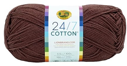 Lion Brand Yarn, 24/7 Cotton Mercerized Lightweight Yarn for Knitting, Crochet, and Crafts, Coffee Beans, 1 Pack, 185 Yards of Natural Fiber for Breathable Tops, Durable Bags, Easy-Care Dish Cloths