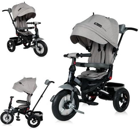 Lorelli Dreirad Jaguar ab 1 Jahr mit Schubstange, Sicherheitsgurt, 360 drehbar, Tricycle, Verstellbarer Elterngriff, Freilaufrad Funktion, Luftreifen, Getränkehalter, Spielzeugkorb, hellgrau
