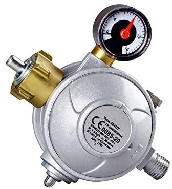 CFH Professionelles Gasdruckregler 50 mbar Set (52414 + 52419) - Druckminderer Gasflasche zweistufig mit Manometer & Gasflaschenschlüssel, Eingang G.12 und Ausgang H.4 1/4 gemäß EN 16129