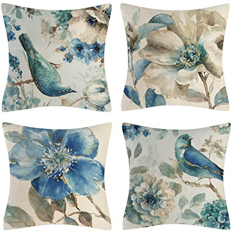 OCEUMACO Leinen Kissenbezug 40x40 Blau Blumen Vogel Kissenhülle 4er Set Quadratisch Dekokissen Sofakissen Bezug für Couch Frühling Vögel Muster Kissen Kissenbezüge Deko Zierkissen Couchkissen