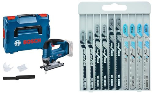 Bosch Professional 18V System Akku-Stichsäge GST 18V-125 B + 10tlg. Stichsägeblatt Set Basic for Wood and Metal (für Holz und Metall, Zubehör)