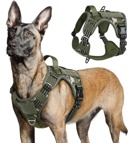 rabbitgoo Tactical Dog Harness for Large Dogs, No Pull Military Service Vest with Handle & Molle, Easy Control for Training Walking, Adjustable Reflective Straps, Green camo, L