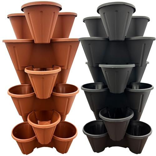 STORM TRADING GROUP Strawberry Planters Tri-Pot Stacking Pots For Herb Flower Bedding Indoor Outdoor Garden Black & Terracota (Black, 6 Strawberry Planters (Trio 3 Pot))