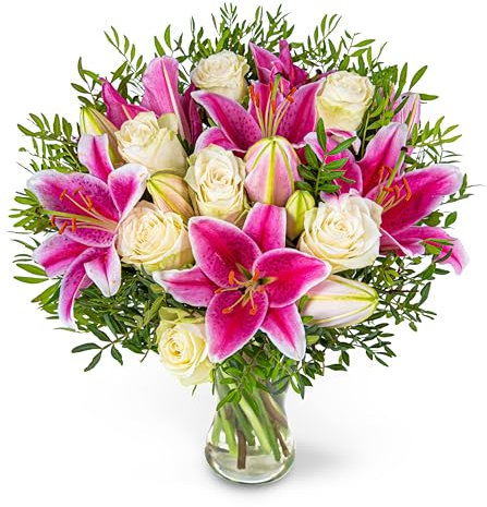 Pink Lilies and Rose Bouquet – Birthday Surprise – Thank You Gesture – Anniversary - Get Well Present – Elegant Floral Arrangement – Luxury Fresh Cut Flowers (Medium)