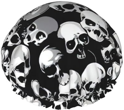 Grand bonnet de douche noir imprimé tête de mort, bandeau élastique, double couche imperméable pour cheveux de bain, pour homme et femme