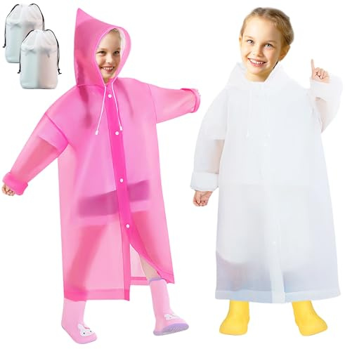 Domueay Poncho Pluie Imperméable Enfant, 2 Pièces Cape de Pluie Légère à Capuche EVA Réutilisable, Vetement de Pluie Respirante pour L'école/Extérieur, Blanc et Rose