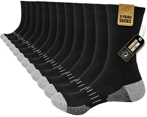 Stoeury Socken Herren 6 Paar, Gepolsterte Sportsocken mit Frottee-Sohle, Baumwolle Wandersocken Herren, Atmungsaktiv Crew Arbeitssocken, Tennissocken, Laufsocken, Trekkingsocken, Schwarz, 39-42