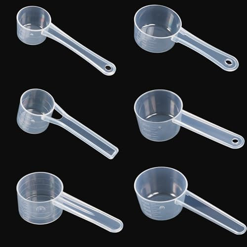 6 Pcs Measuring Spoons Set - Plastic Washing Powder Scoops with Scale, 5g, 7.5g, 10g, 15g, 20g, 25g, Transparent Protein Powder Scoops for Coffee, Washing Powder, Baking, Kitchen Cooking Tools