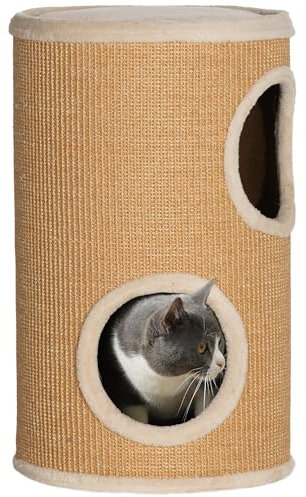 PawHut Kratztonne 60 cm Hoch Ø 35 cm zweistöckige Katzentonne mit Plüschrand, Katzenhöhle, Kratzbaum für Katze bis 5 kg, Braun