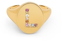 SINGULARU - Anello Personalizzato Signet Letter Colors. Ottone con Finitura Placcata Oro 18Kt. Anello con Motivo Lettera e Zirconi Colorati. Gioielli da Donna. Lettera L