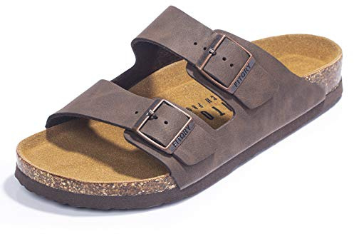 FITORY Sandales Homme en Cuir Mules d'Été Confortables | Bout Ouvert, Bride Ajustable Facile à Enfiler, Semelle Intérieure en Liège pour un Confort Quotidien