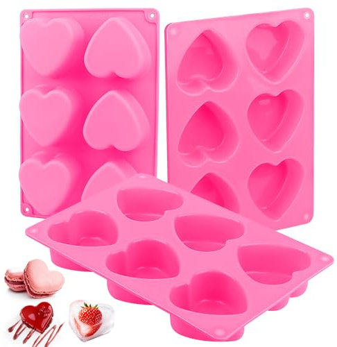 3 Pièces 6 Compartiments Moule Savon Coeur, Moules Silicone pour Chocolat, Moule Silicone Coeur Antiadhésif pour Muffins, Brownies, Gâteaux, Pudding, Glaçons, Gelée, Quiches (Rose) Réutilisables