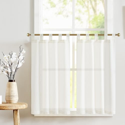 TOPICK Vita fönstergardiner kök linne, bistrogardin med slingor, köksgardiner, kort ljusfiltrering för balkongdörr, husvagn, lantlig stil, gardiner, set om 2, 65 B x 90 Hcm