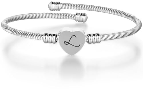 AOOSU Pulsera Mujer, Pulsera Plata Amor Corazón con Alfabeto L, Pulsera de Acero Inoxidable Ajustable con Círculo para Mujer Cumpleaños Navidad Día de San Valentín Madre Mama Amiga Novia