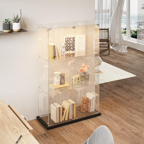 Glasmonter med LED, modernt samlingsskåp med 3 hyllor 2 dörrar, stående skyltfönster för vardagsrum, sovrum, kontor, 123 x 78,5 x 35 cm (svart + dubbeldörrar + bensljus