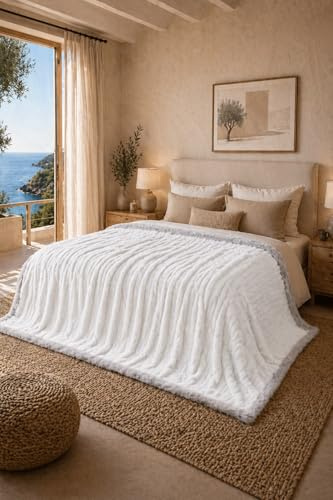 Plaid XL BOSALONI HOME 150x200 cm, Coperta Morbida e Calda, ideale per Letto e Divano, Multiuso per Casa e Viaggio, Comfort Multi-Stagione – Avorio-Bianco