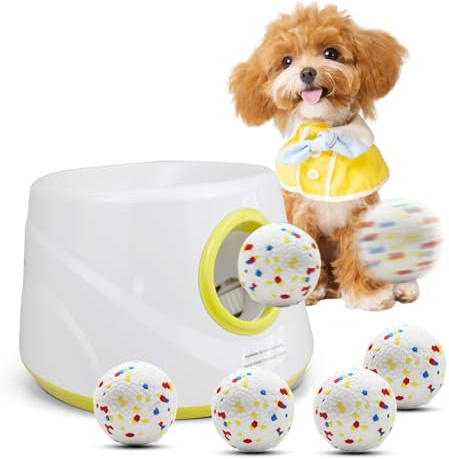 ZAPELL Automatic Dog Ball Launcher with 6 ETPU Balls, White, Adjustable Distance 20-45ft, USB Rechargeable, Interactive Pet Toys (Yellow)