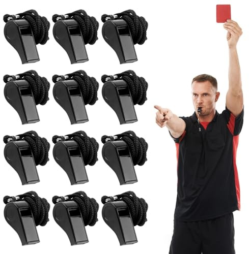Zenvorial 12Pcs Whistle, Black Sports Whistles with Lanyard, Referee Whistles,Loud Crisp Sound Whistle, Plastic Coachs Whistles for School Sports Training, Football, Security and Emergency Survival