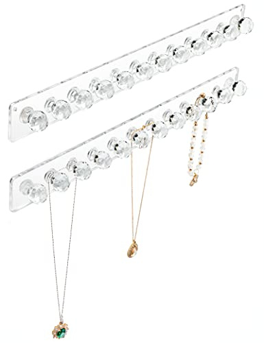 Heesch Necklace Holder, Acrylic Necklace Hanger, Wall Mount Necklace Organizer, Jewelry Hooks for Necklaces, Bracelets, Chains (2-pack Clear)