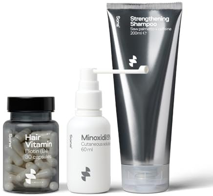 Sons Complete Hair Loss Treatment for Men. Minoxidil 5% Hair Regrowth Treatment for Hair Loss, Vegan Biotin for Hair, Skin & Nails, DHT Blocking and Thickening Shampoo. 1 Month Supply. Made in Europe.