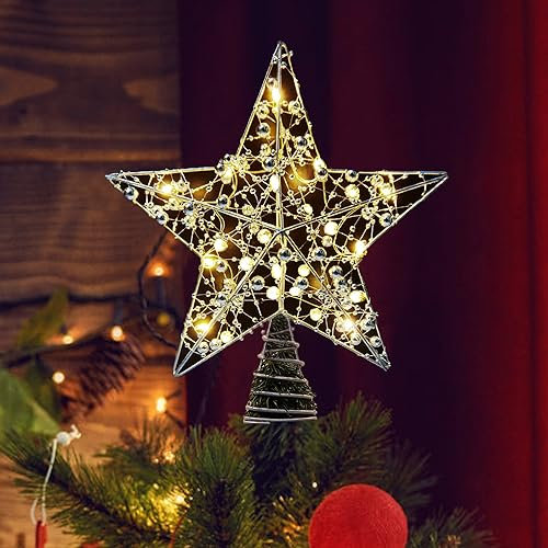 Christbaumspitze, 25 cm Baumspitze Weihnachten, Metall Design glitzerte 20 LED Lichter Christbaumspitze Stern für Festliche Weihnachten zu Hause Weihnachtsbaum Deko (Silber)