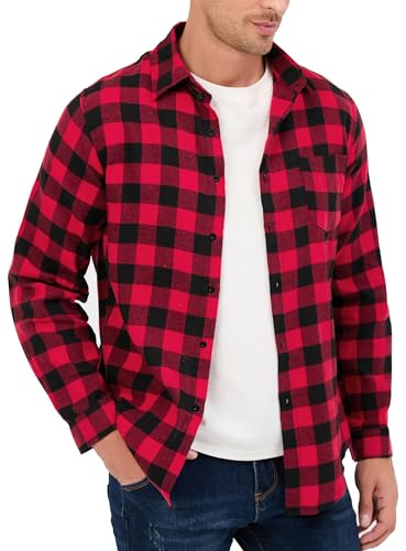 Yukiuiny Camicia Flanella a Quadri 100% Cotone per Uomo Maniche Lunghe - Blusa Casual con Chiusura a Bottoni(Rosso Nero,XL)