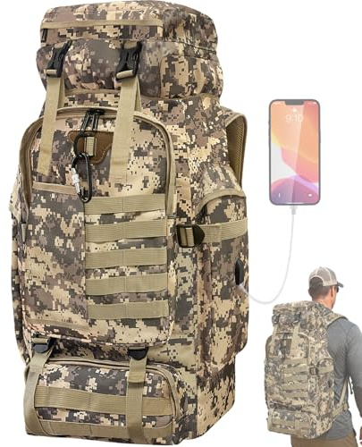 Vaupan Sac à dos camping randonnée 80L, grand sac à dos militaire tactique, étanche avec mousqueton, sac de voyage extérieur système MOLLE homme femme (Camo)