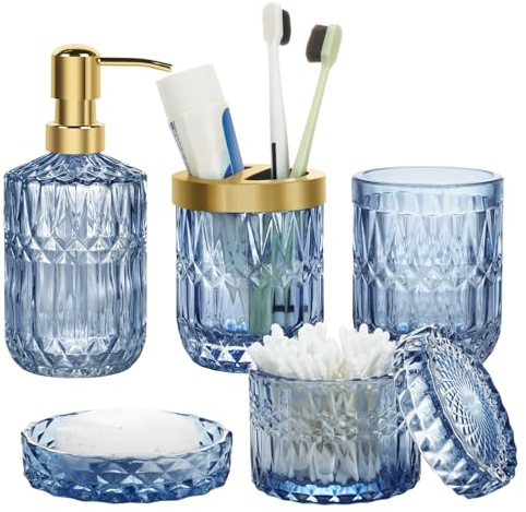 Bathroom Accessories Set 5Pcs Glass Lotion Dispenser, Toothbrush Holder, Soap Dish, Tumbler & Jar, Stylish Bathroom Container Set Decor Organizer Ornaments Colors Optional