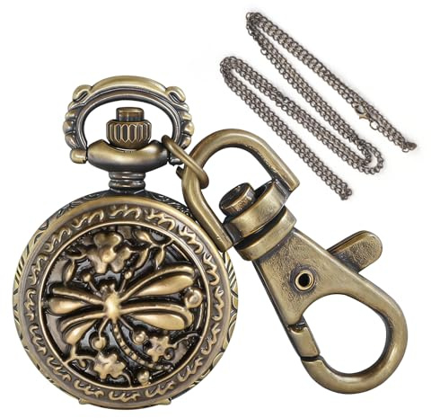 Tiong Retro Dragonfly Pierced Men's Quartz Pocket Watch Keychain, Portable Round Watch with Chain and Arabic Numerals