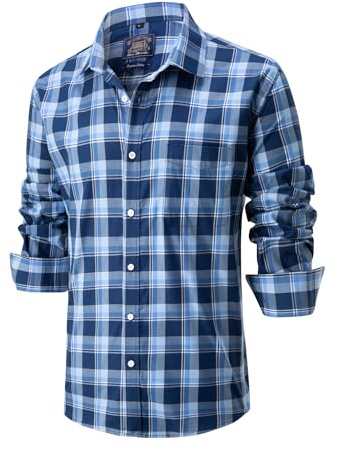 Lonvera1840 Men’s 100% Cotton Plaid Shirt, Long Sleeve Regular Fit with Pocket, Classic Tartan Check, Smart Casual Shirt for Work & Weekend, S–4XL (Blue)