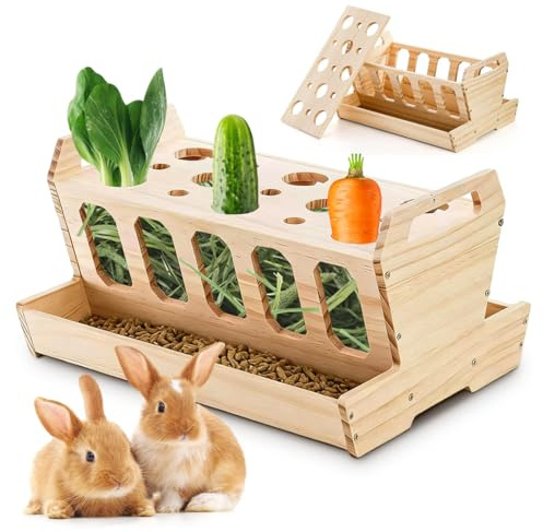 RANJIMA Comedero y Alimentador de Heno de Madera para Conejos, Soporte Colgante para Verduras Zanahorias y Forraje con Estante de Almacenamiento, Comederos para Jaula de Cobayas Hámsteres