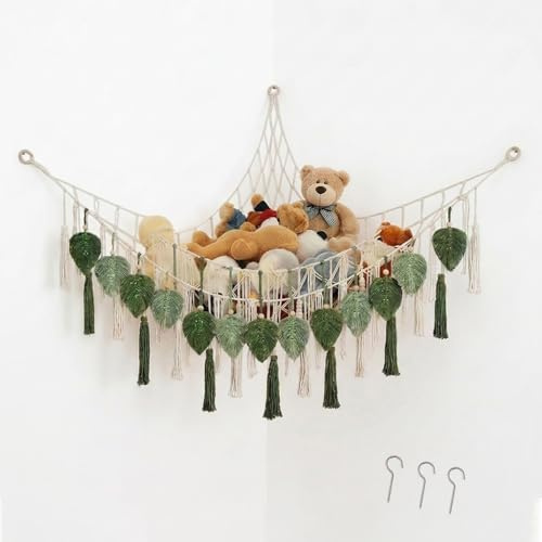 Toy Hammock for Stuffed Animals, Macrame Teddy Hammock Toy Storage Net with Tassels & Beads for Space Saving Display, Decorative Corner Teddy Bear Hammock for Nursery, Kids Bedroom & Playroom