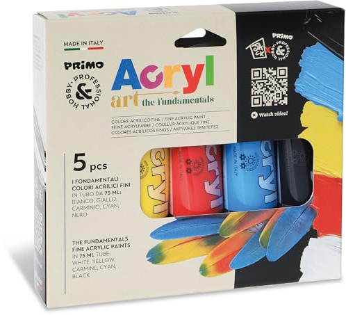 PRIMO Hobby & Professional - Colori Acrilici per Dipingere +14 Anni, 5 Tubi 75 ml, Colori per Tessuti Permanenti Finish Opaco e Coprente, Vernice Acrilica per Cartoleria, Lavoretti Creativi e Pittura