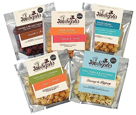 Joe & Seph's Bestsellers Popcorn Tasting Box (5x30g) |gourmet popcorn, air-popped popcorn, 5 flavours, gifts for men and women, selection box, popcorn for a party, movenight snacks