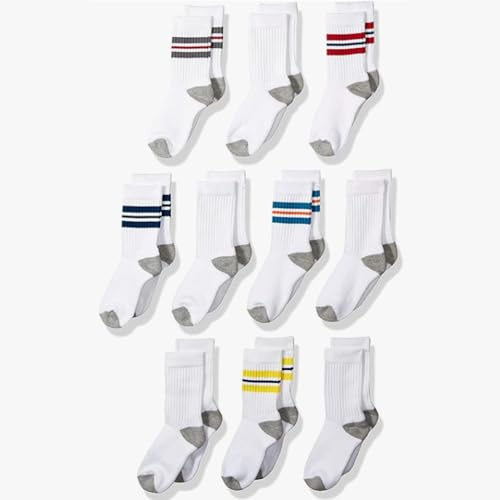 Amazon Essentials Chaussettes de Sport Mi-mollets, en Coton, Rembourrées Garçon, 10 Paires, Blanc Rayures, M (4-8 ans)