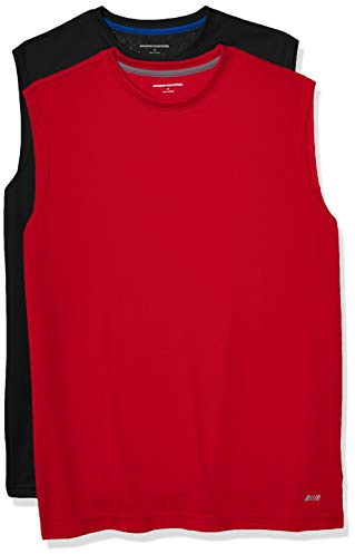 Amazon Essentials Active Performance Tech - Camiseta sin mangas para hombre, paquete de 2, negro/rojo, talla L
