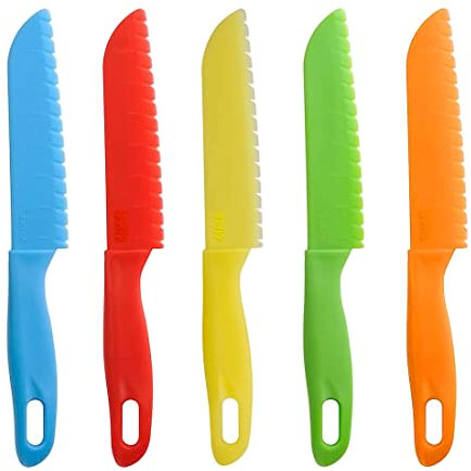 Set Coltelli da Cucina per Bambini, 5 Pcs Colorati Coltello di Sicurezza in Nylon Plastica per Pane Torta Frutta Verdure Insalata, per 2-6 anni Bambini (Colore 1)