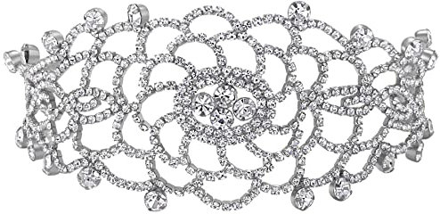 JewelryWe Schmuck Damen Choker Halskette Elegant funkelnde Strass Blumen Braut Hochzeit Kette Kragen Halsband Geschenke für Frau Mädchen Silber