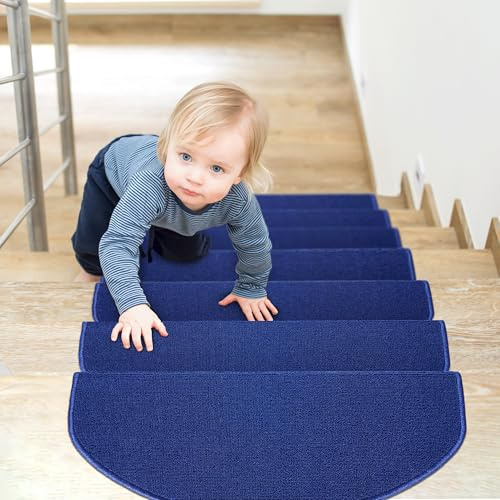Brielle Stufenmatten Dunkelblau für Treppenstufen 15er-Set 65 x 24 cm – rutschfest & selbstklebend, halbrund, Treppenteppich mit Trittschalldämmung, Treppenschutz