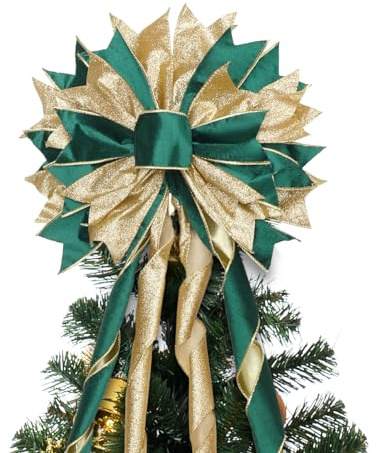 CANGBI Green Gold Christmas Tree Topper, 40x13 Inches Toppers Bow with Glitter Satin Mesh Streamer and Patterned Ribbon, Christmas Tree Topper Bow for Christmas Home Decoration
