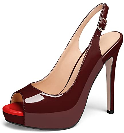 Elashe Pompes à Talons Peep Toes pour Femmes Escarpins à Talons Hauts Talon Stiletto à Plateforme Robe de Soirée Chaussures Brevet 12CM Bourgogne EU42