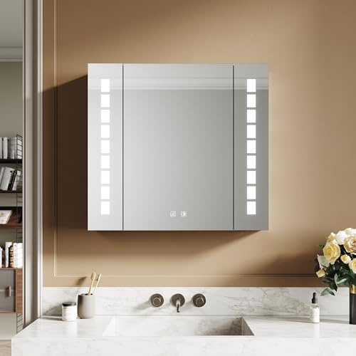 SIRHONA Spegelskåp för badrum, apotekskåp, spegel, imskydd, med gångjärnskontakt, spegelskåp, LED, pekskärm, förvaringsskåp, toalett, 65 × 60 cm