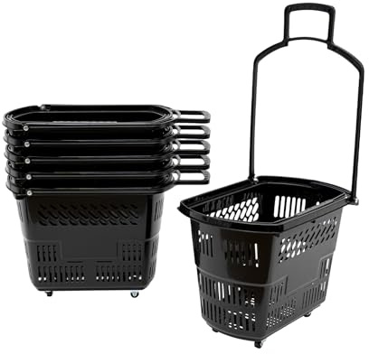 6PCS Shopping Cart, 35L/9.2gal Portable Plastic Rolling Shopping Basket with Wheels and Handles, 110lbs Capacity Grocery Basket Shopping Basket Set for Supermarkets, Retail Stores, Bookstores (Black)