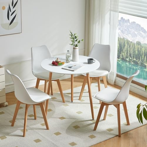 LafeuR Runt matbord med 4 stolar, matgrupper, set om 4 matrumsstolar med köksbord, matsalsgrupp, bordsgrupp för balkong, kök, vardagsrum (vitt bord + 4 vita stolar)