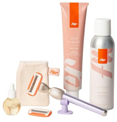 Fler Dream Team Set - Maquinilla de Afeitar para Mujer con Soporte y 2 Cuchillas de Repuesto, Espuma de Depilación, Aceite Post Depilación y Crema Corporal, Cuchillas Unisex con Aloe Vera (Lila)