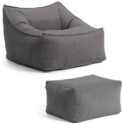 mokebo Sitzsack Sessel mit Hocker aus Cord 'Der Lümmel', XXL Sitzsack, Cord Sessel oder Sitz Sessel für Wohnzimmer und Wintergarten, auch als Riesensitzsack in 83x73x60 (BxHxT in cm) in Anthrazit