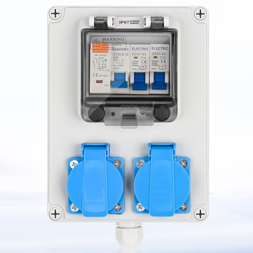 Warmfay Répartiteur de courant de chantier pré-câblé, 2 prises Schuko 230 V, répartiteur mural avec 1 interrupteur FI 25 A + 2 interrupteurs LS 16 A 1P, boîtier étanche IP67 pour l'intérieur et