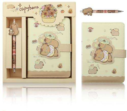 Coffret cadeau 2 en 1 avec papeterie sur le thème du Capybara, comprenant 1 carnet A6, un journal intime, un bloc-notes et un stylo, idéal pour un anniversaire, un bureau ou une école (beignet)