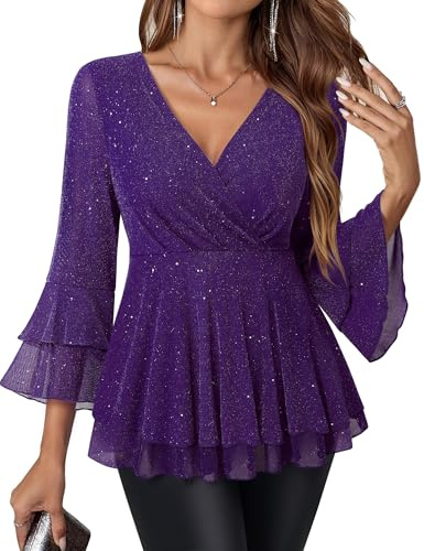 Lotusmile Women's Dressy Blouses Ruffle 3/4 Sleeve Peplum Sparkly Tops, Purple Sparkle, M